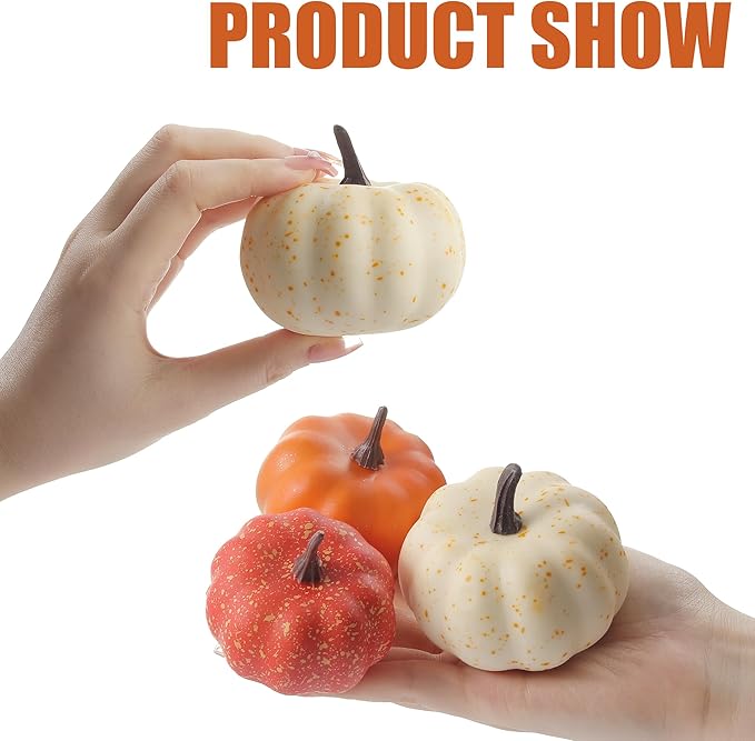 16PCS Realistic Mini Pumpkin Decor,Fall Decor with Pumpkins Maple Leaves, Artificial Pumpkin Decor for Autumn Filler, Realistic Pumpkin Decorations for Halloween Thanksgiving Fall Home Decor