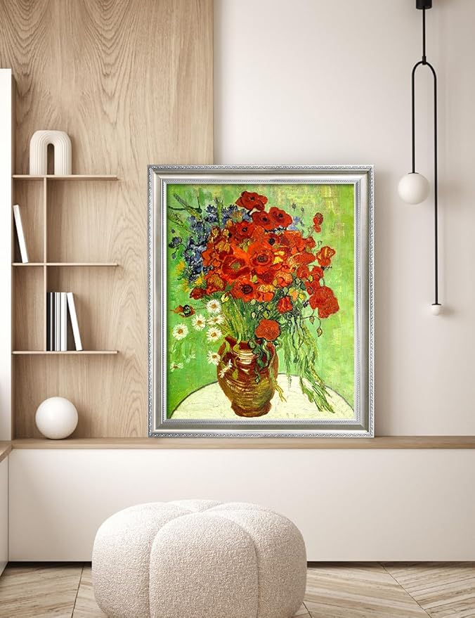 DECORARTS - Red Poppies and Daisies by Vincent van Gogh, Museum-Quality Giclee Canvas Print with Silver Solid Wood Frame, 34.75 x 28.75 in, Ready to Hang, Made in USA