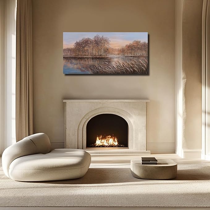 Fall Wall Art Forest Painting Lake Landscape Wall Decor for Living Room Office Contemporary Artwork 24x48 Inch Blue and Gold Posters