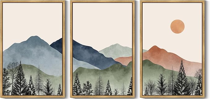 KUVIOKE Mountain Landscape Framed Wall Decor Boho Sun Rise Watercolor Nature Art Prints Farmhouse Rustic Bedroom Dining Living Room Decor 24x36in (Natural Framed)