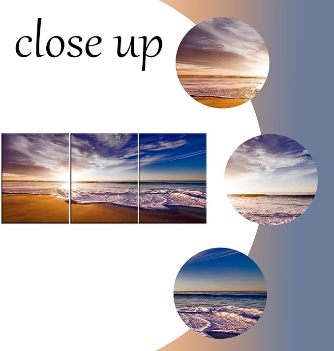 Nature Landscape Canvas Wall Art Beach Gold Sunset HD Picture Print Ocean Theme 3 Pieces Posters Painting Wall Decor Artwork for Modern Home Bedroom Bathroom Kitchen Ready to Hang [36''W x 16''H]