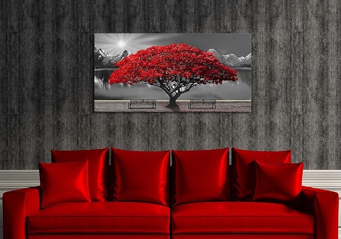 Black and White Red Tree Wall Art Canvas Print Picture Large Red Tree Landscape Modern Artwork for Living Room Bedroom Office Home Wall Decor With Frame 24X48inch