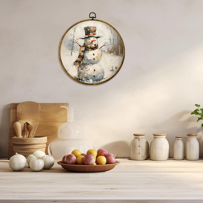 CUANFDDSF Vintage Winter Christmas Snowman Round Wall Art Decor, Cozy Winter Rustic Snowman Wall Hanging Frame Decor, Retro Christmas Canvas Prints Decorations for Home Bedroom Living Room, 10x10 Inch