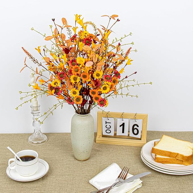 12 PCs Artificial Fall Flowers 17 Inches Vintage Autumn Stems Rustic Fall Floral Picks with Orange Forsythia Daisy Flowers Wildflower Stems for Farmhouse Indoor Vase Table Centerpieces Decor