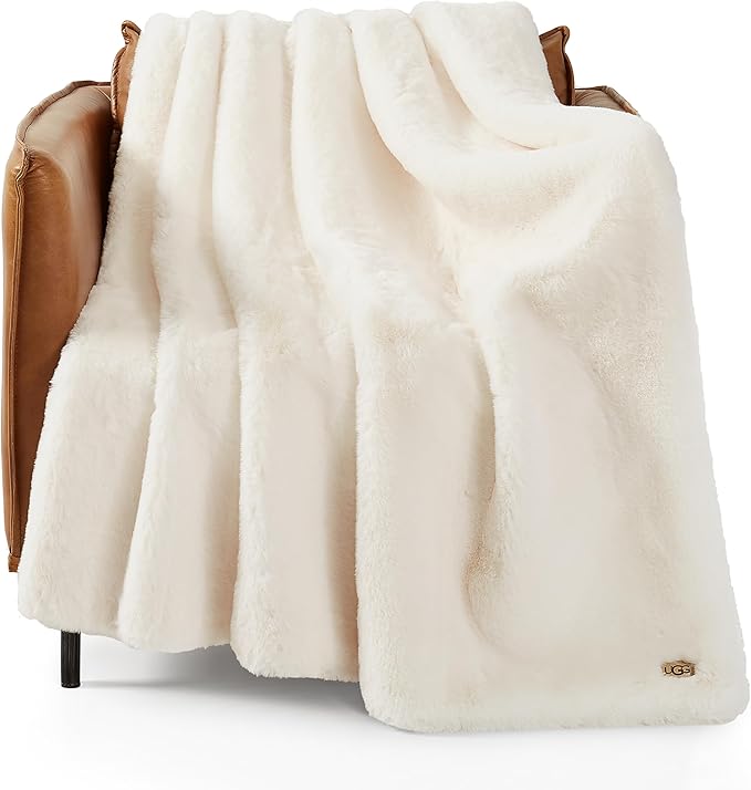 UGG Plush Faux Fur Throw Blanket Reversible Medium Weight Luxury Soft Throw Blankets for Bed or Chair, Hypoallergenic, Machine Washable, Home Decor, 50-inch x 70-inch, White Snow (Euphoria)