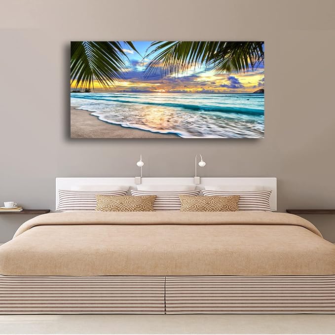 Beach Canvas Wall Art Seascape Theme Pictures Home Decor Blue Ocean White Wave Palm Tree Prints Paintings for Living Room Bathroom Bedroom Kitchen Office Decoration Natural Scenery Artwork 20x40inches