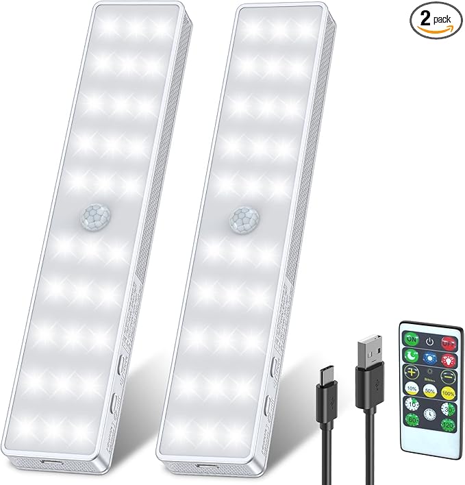 LED Closet Light, 30LEDs Dimmer USB Rechargeable Motion Sensor Light Under Cabinet Lighting with Remote Control, Wireless Stick-Anywhere Night Safe Light Bar for Wardrobe,Kitchen-2 Pcs