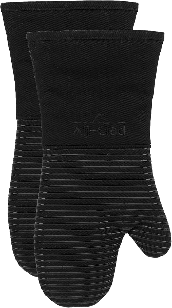All-Clad Silicone Oven Mitts: Heat Resistant up to 500 Degrees - 100% Cotton & Silicone, 14"x7" Oven Mitt for Kitchen and Barbecue, 2-Pack, Black
