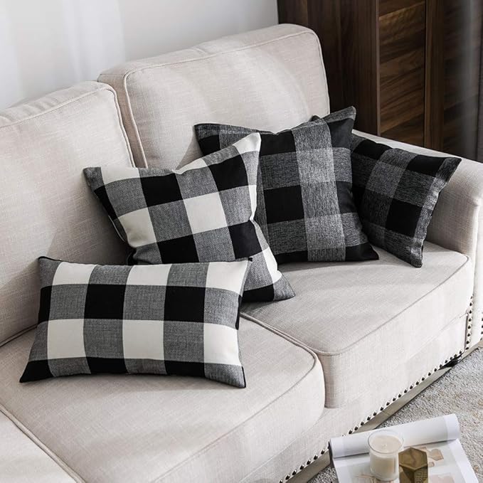MIULEE Halloween Pack of 2 Classic Retro Checkers Plaids Polyester Linen Soft Solid Black and White Decorative Throw Pillow Covers Home Decor Outdoor Cushion Case for Sofa Bedroom Car 12 x 20 Inch