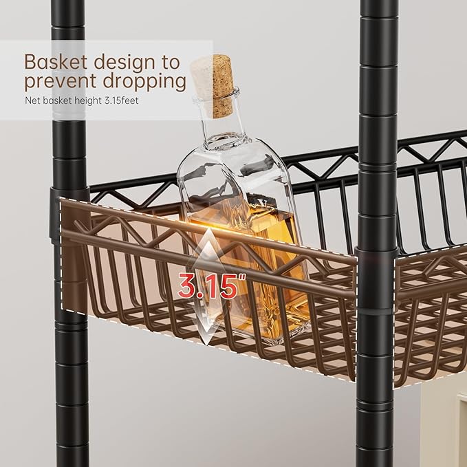 6 Shelves Storage Shelf Wire Closet Bathroom Organizers Metal Pantry Kitchen Garage Shelving Unit Laundry Room Organization Home Rack Net Basket Black with Wheels 30" Dx14 Wx65 H