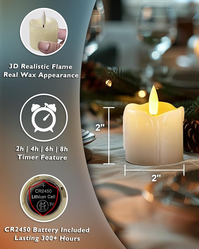 Homemory Flameless Votive Candles with Timer Remote, 2" x 2" Real Wax, 300+ Hour Realistic Black Wick Battery Operated Candles, Set of 6 for Wedding, Party and Holiday Decoration (Battery Included)