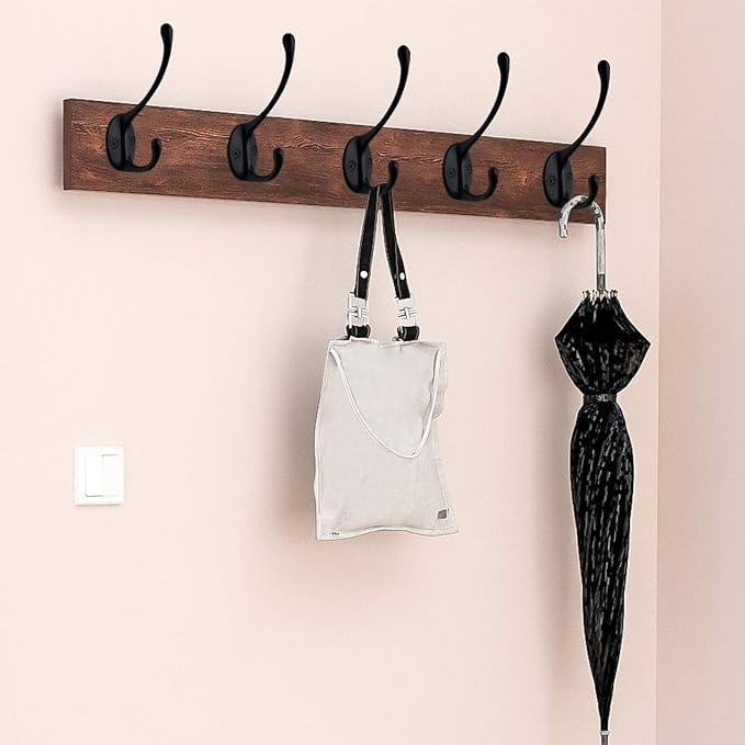 IBosins 10 Pack Heavy Duty Dual Coat Hooks Wall Mounted with 40 Screws Retro Double Hooks Utility Black No Rust Hooks for Coat, Scarf, Bag, Towel, Key, Cap, Cup, Hat (Black)