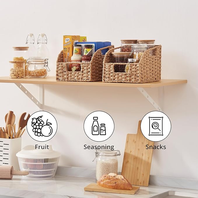 OIAHOMY Pantry Baskets for Organizing, Paper Rope Baskets with Built-in Handles, Wicker Storage Bins for Shelves, 2 Pack-Yellow