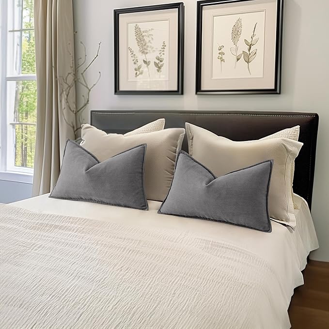 MIULEE Pack of 2 Grey Decorative Lumbar Pillow Covers 12x20 Inch Soft Chenille Luxurious Couch Throw Pillows Farmhouse Cushion Covers with Elegant Design for Sofa Bedroom Living Room Home Decor