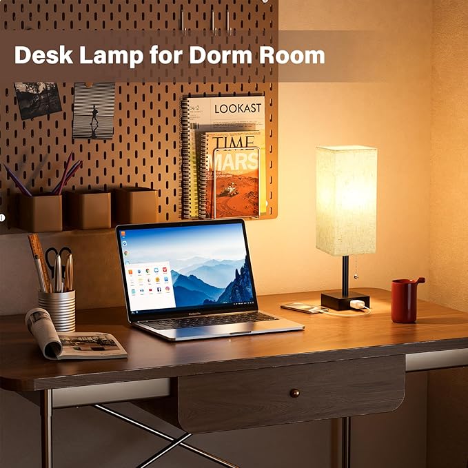 Bedside Table Lamps for Bedroom Set of 2 - Small Rectangular Nightstand Lamp with AC Outlet Charging Port, 3 Color Temperatures Desk Light with Bulb, Tabletop Reading Lamp for Living Room/Dorm/Office