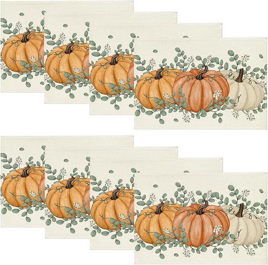 Artoid Mode Orange Pumpkin Eucalyptus Fall Placemats Set of 8, 12x18 Inch Seasonal Table Mats for Table Runner Party Kitchen Dining Decoration