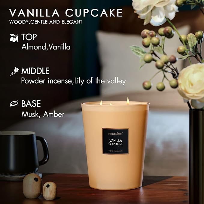 HomeLights Highly Scented Soy Candles Big 33.3 oz for Home. 3 Cotton Wicks, Smokeless Long Lasting 130 hrs in Vanilla Cupcake. 5x6, Great Gift for Women & Men