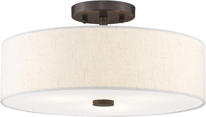 Livex Lighting 52135-92 Meridian Collection 3-Light Semi Flush Mount Ceiling Fixture with Oatmeal Color Fabric Hardback Drum Shade and Satin White Diffuser, English Bronze