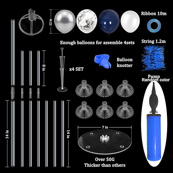 Balloon Stand with Silver and Navy Blue Balloons, Centerpiece Table Decorations for Birthday Wedding Anniversary New Year Graduation Decorations Class of 2025(Silver navy set4)