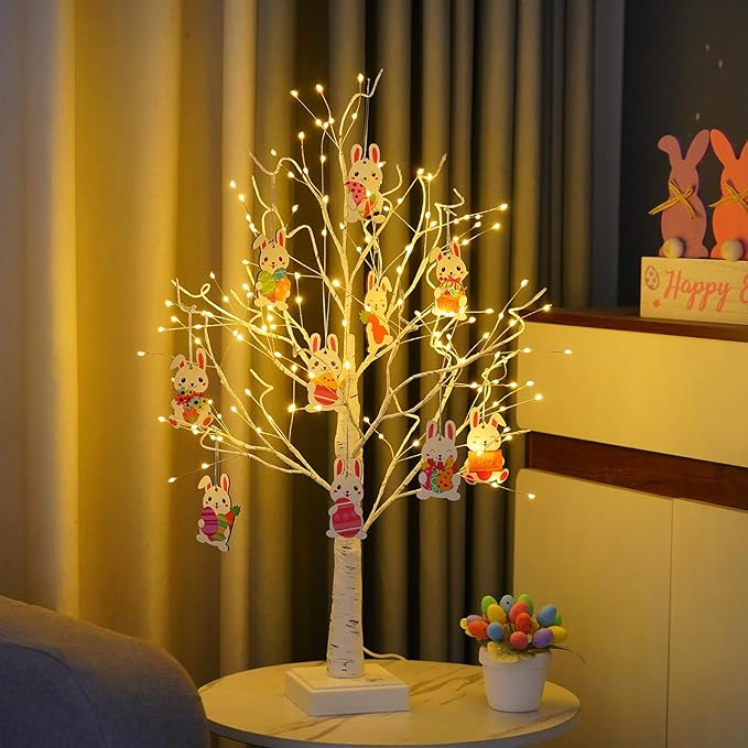 4th of July Decorations Patriotic Tree Lights, 144 LED Artificial Tree Lamp with Timer, DIY Birch Tree Lighted with USB/3AA Battery, Fairy Light Spirit Tree for Home Bedroom Decor (Warm White)