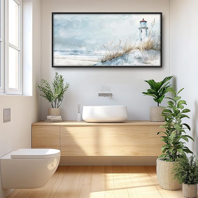 Flintis Large Lighthouse Wall Art Beach Lighthouse Pictures Wall Decor Abstract Nautical Canvas Painting Print Artwork Decoration Framed for Living Room Bathroom Master Bedroom 60L x 30W