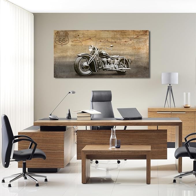 arteWOODS Vintage Motorcycle Canvas Wall Art - Historic Route 66 Retro Vehicle Pictures for Men Boys Bedroom Wall Decor Modern Motorcross Canvas Print Artwork Home Office Wall Decoration 24" x 48"