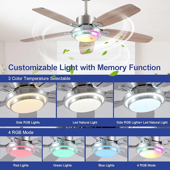 Ceiling Fans with Lights Remote/APP Control, 50" RGB Low Profile Ceiling Fan with Dimmable LED Colorful Light,Flush Mount,6 Speeds 5 Reversible Blades for Bedroom,Living Room, Nickel