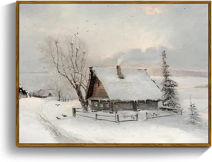 crmotu Vintage Framed Wall Art, Country Winter Scene Canvas Pictures, Snow Farmhouse Cottage Art Prints, Rustic Landscape Wall Paintings for Living Room Bedroom Bathroom Decor Aesthetic 20x30in