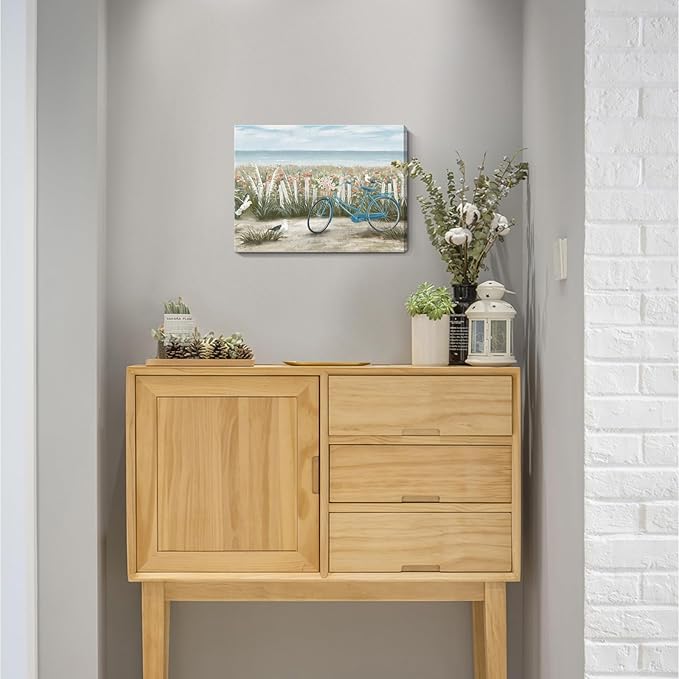 Bathroom Wall Art Farmhouse Boho Ocean Beach Coastal Vintage Floral Canvas Print Seaside Blue Bicycle Seagull Seascape Painting Seashore Botanical Wildflower Field Daisy Flowers Artwork 12x16inch