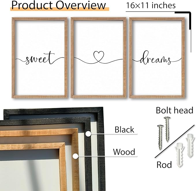SRSZHIYUE Bedroom Above Bed Wall Decor Minimalist Sweet Dreams Sign Set of 3 16''×11'' Small Romantic Modern Farmhouse Hanging Master Bedroom Guest Room Wall Hanging Decoration（Wood）