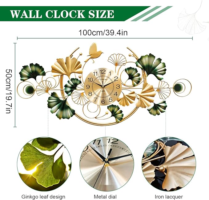 Big Wall Clock, Unique Ginkgo Leaf Decorative Wall Clocks, Luxury Metal Gold Flower Wall Decor, Silent Non-Ticking Oversized Clock for Wall, for Living Room Bedroom Kitchen Office(39.4X19.7In)