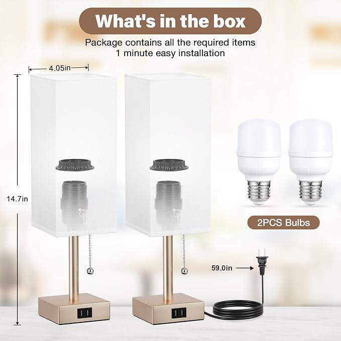 Gold Bedside Table Lamps for Bedroom Set of 2 - Small Rectangular Nightstand Lamp with AC Outlet Charging Port, 3 Color Temperatures Desk Light, Tabletop Reading Lamp for Living Room/Dorm/Office