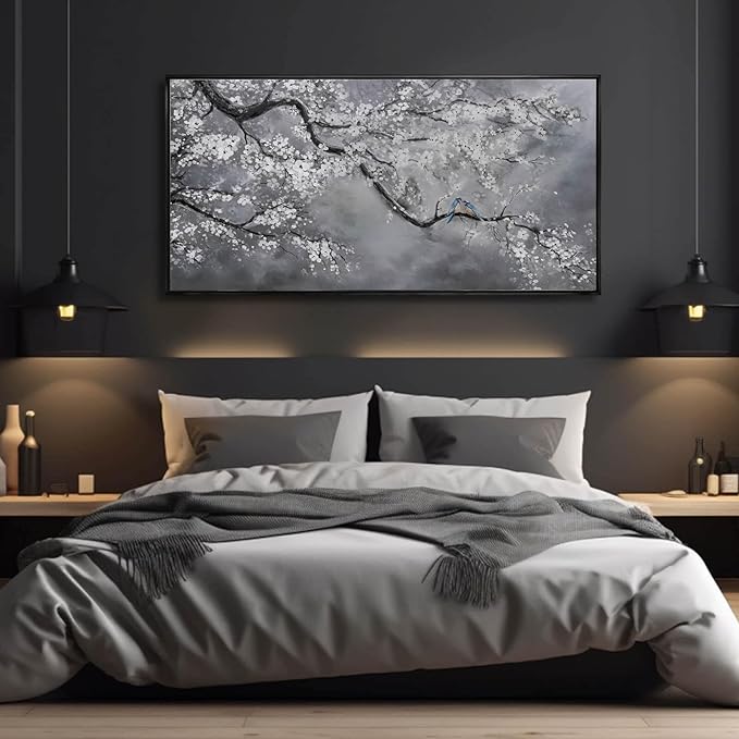 Plum Blossom Wall Art Framed Wall Art Decor Canvas Birds Wall Decorations Bedroom Picture Large Artwork for Living Room Dining Room 24”x48”