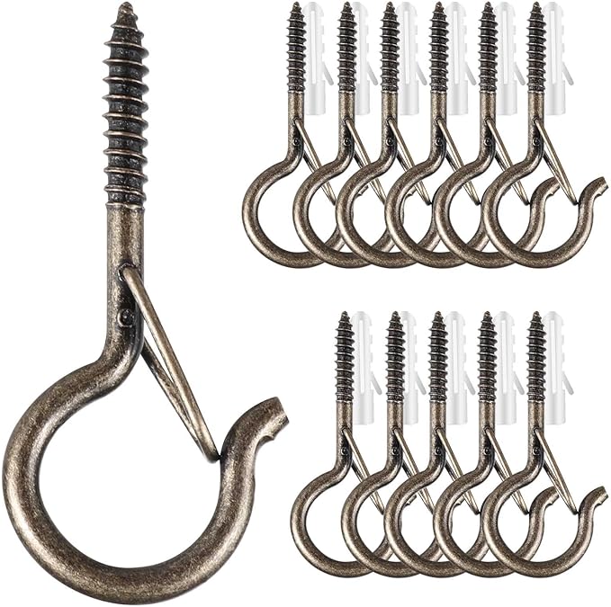 12 PCS Q-Hanger Hooks, Screw Hooks for Outdoor String Lights, Safety Buckle Design Cup Eye Hook for Hanging Christmas Lights, Plants, Wind Chimes, Mounted on Wall Ceiling, Windproof, Copper