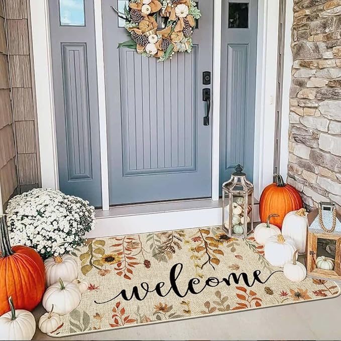 ORTIGIA Welcome Fall Doormat Indoor Outdoor Patio Eucalyptus Leaves Sunflowers Door Mats Non-Slip Durable Entrance Mat for Farmhouse Home Entrance, Outside Entry, Yard, Floor, Patio 32x47 Inch