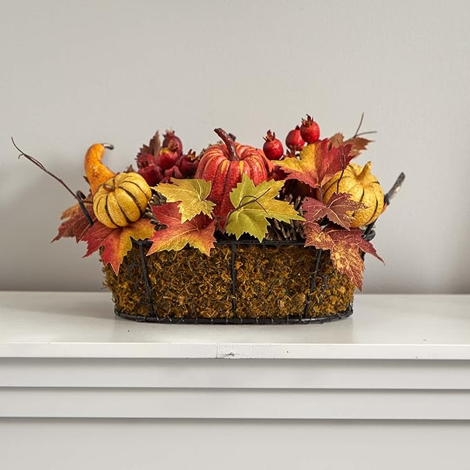 Nearly Natural Pumpkin, Gourd, Berry and Maple Leaf Artificial Arrangement 17 in. W x 12 in. D x 9 in. H