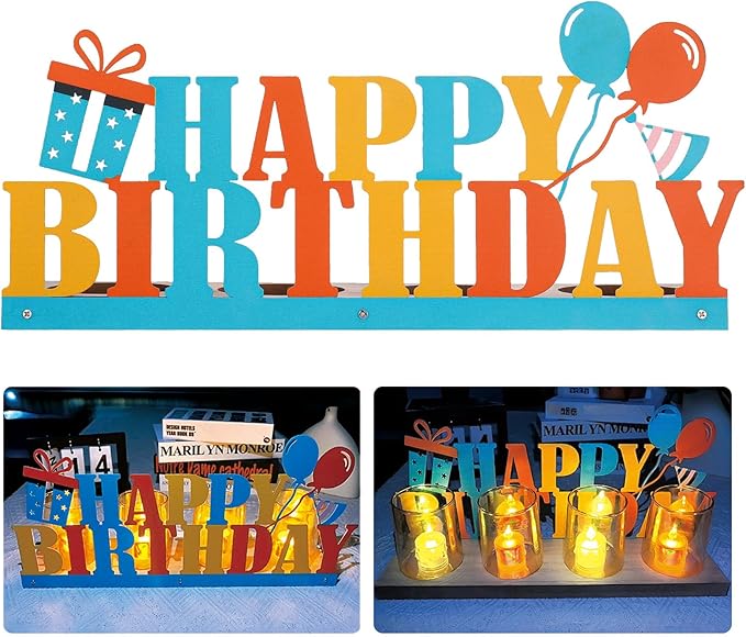 Happy Birthday Candle Holder Set, Tealight Votive Candle Holder Table Decor, 1 Happy Birthday Metal Sign & 1 Wooden Base Candle Tiered Tray, Table Centerpieces for Birthday Party Home Indoor Table