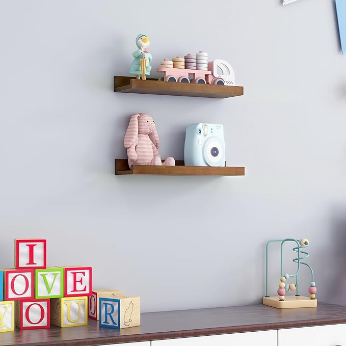 16 Inches Floating Shelves for Wall, Solid Pine Wood Picture Ledge Shelves, Walnut Wall Shelves with Lips, Nursery Book Shelves for Toys Storage Living Room Bedroom Photo Frames (2 Pcs, Walnut)
