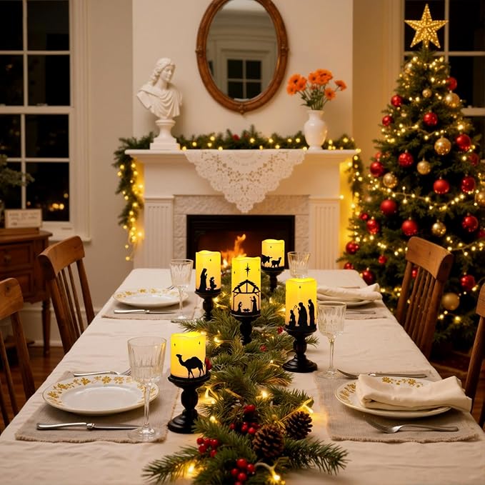 Christmas Decorations Indoor Outdoor, Nativity Scene Candle Set with Remote Time, Religious Holiday Home Table Mantel Room Decor Centerpieces, Xmas Gift, Battery Operated Flameless Candles, Waterproof