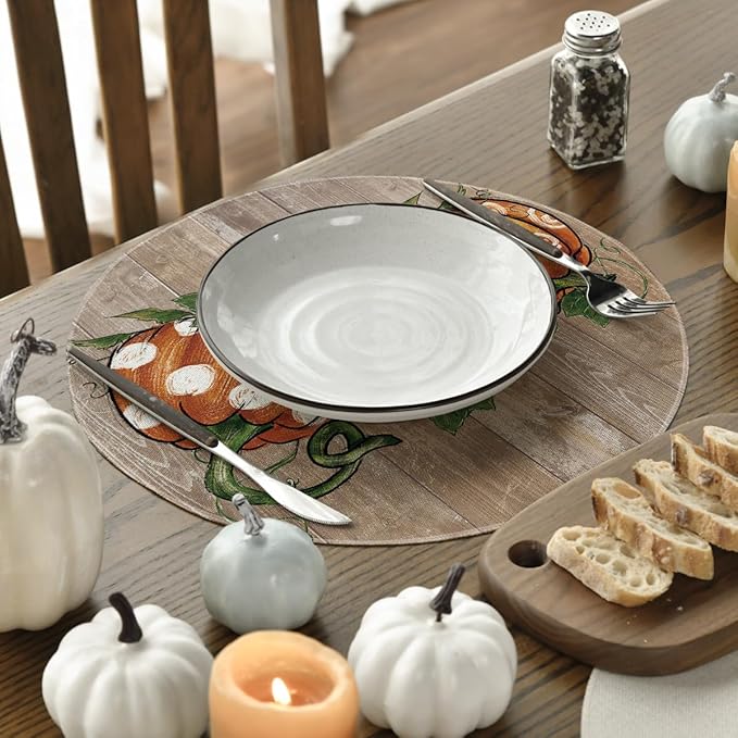 Artoid Mode Wood Pumpkins Fall Round Placemats Set of 4,14 Inch Seasonal Round Place Mats for Party Dining Decoration