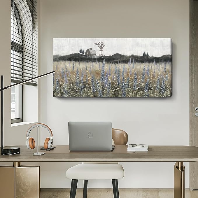 Large Wall Art for Living Room Vintage Farmhouse Decor Nature Wildflower Field Landscape Wilderness Meadow Painting Classical Scenery Canvas Print Rustic Countryside Windmill Barn Artwork 24x48inch