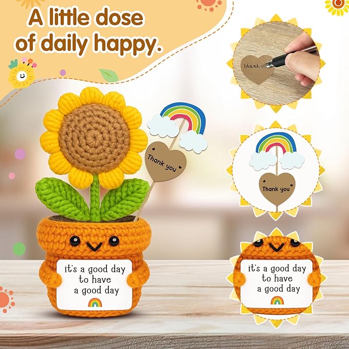 Crochet Sunflower Motivational Gift – It’s a Good Day to Have a Good Day – Handmade Positive Vibes Desk Decor for Teacher, Coworker, Friend, Office or Home Emotional Self Care Support