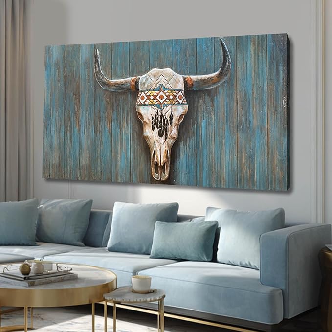 Cow Canvas Wall Art Animal Pictures for Living Room Blue Wall Decor Colorful Artwork Large Poster Prints Arts 24"x48"
