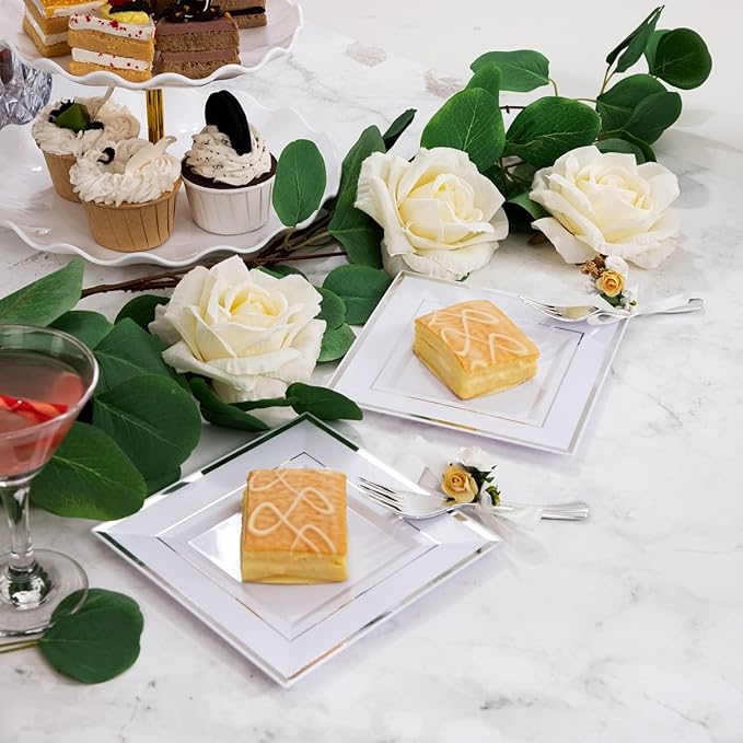 WDF Silver Plastic Dessert Plates with Plastic Forks - 6” 100 Square Disposable Appetizer Plates Small Plates Cake Plates with Silver Rim &100 Small Appetizer Forks for Party/Wedding.
