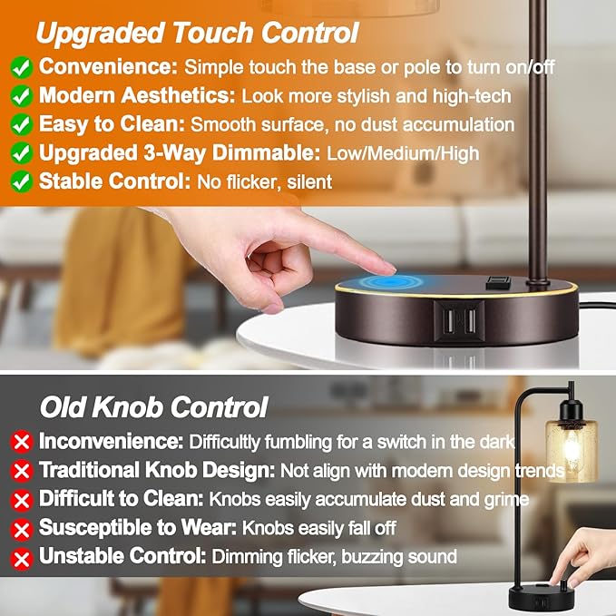 Industrial Touch Table Lamps Set of 2 - Bedside Lamps with 2 USB Ports & AC Outlet, 3-Way Dimmable Nightstand Desk Lamp for Bedroom Living Room, Glass Shade & 2 LED Bulbs Included - Oil-Rubbed Bronze