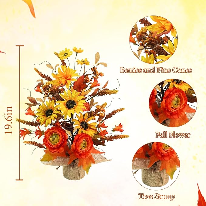 Fall Table Tree, Tabletop Artificial Fall Tree with Sunflowers Berries Maple Leaves Burlap Base Fall Decorations for Autumn Office Home Harvest Thanksgiving Party