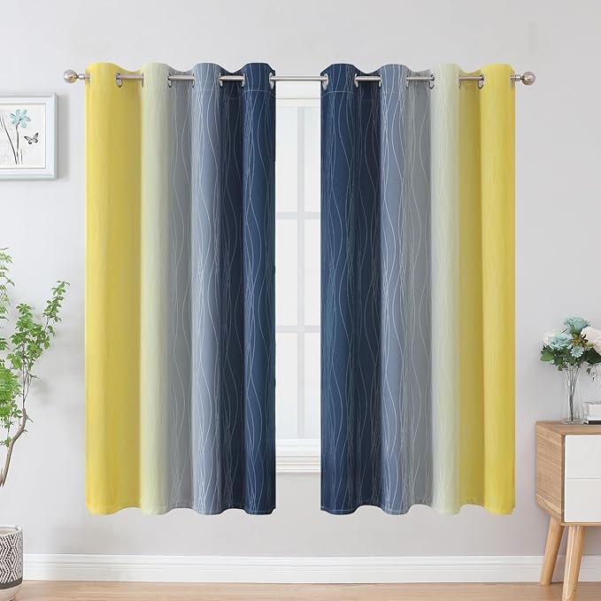 Estelar Textiler Navy Blue and Yellow Blackout Curtains 63 Inch Length 2 Panels Set, Full Room Darkening Grommet Ombre Curtains for Bedroom, Thermal Insulated Light Blocking Gradient Drapes,52Wx63L
