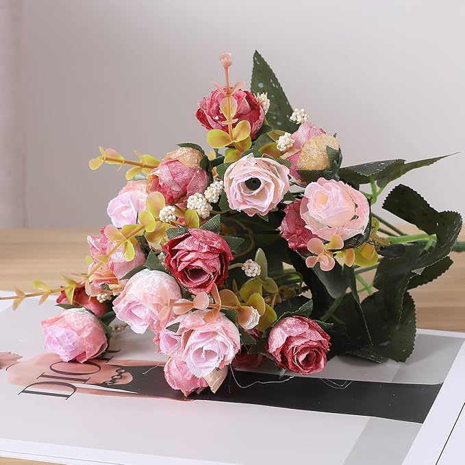 Duovlo 7 Branch 21 Mini Rose Heads Artificial Flowers Bouquet Wedding Home Office Decor,Pack of 2 (2 PCS Pink)