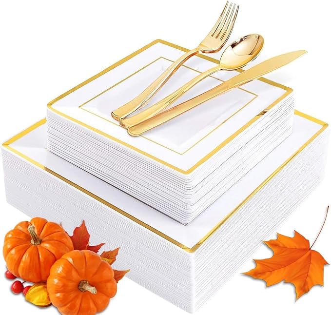 WDF 125pcs Gold Plastic Plates Set - Gold Rimmed Dinner & Salad Plates, Silverware (25 Forks, Knives, Spoons) for Thanksgiving