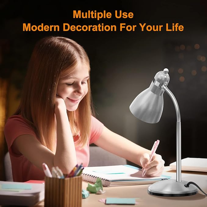 LEPOWER Metal Desk Lamp, Adjustable Goose Neck Table Lamp, Eye-Caring Study Desk Lamps for Bedroom, Study Room and Office (Silver)